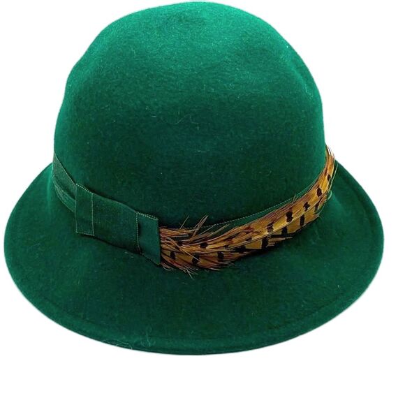 Frank Olive Vintage Green Wool Felt with Ribbon Pheasant Feather Dress Hat - Picture 1 of 9